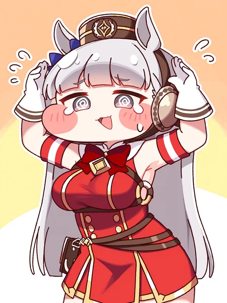(trickcalcg, chibi:1.4), (blush stickers, blush), umamusume, gold ship \(umamusume\), 1girl, @ @, animal ears, arm strap, armpits, arms up, blue bow, blunt bangs, blush, bow, bowtie, breasts, dress, ear bow, gloves, grey eyes, grey hair, hat, horse ears, horse girl, large breasts, long hair, open mouth, pillbox hat, red bow, red bowtie, red dress, red hat, sleeveless, sleeveless dress, smile, solo, sweatdrop, teardrop, very long hair, white gloves, 
(masterpiece, best quality, absurdres, highres, newest:1.2), very awa, 