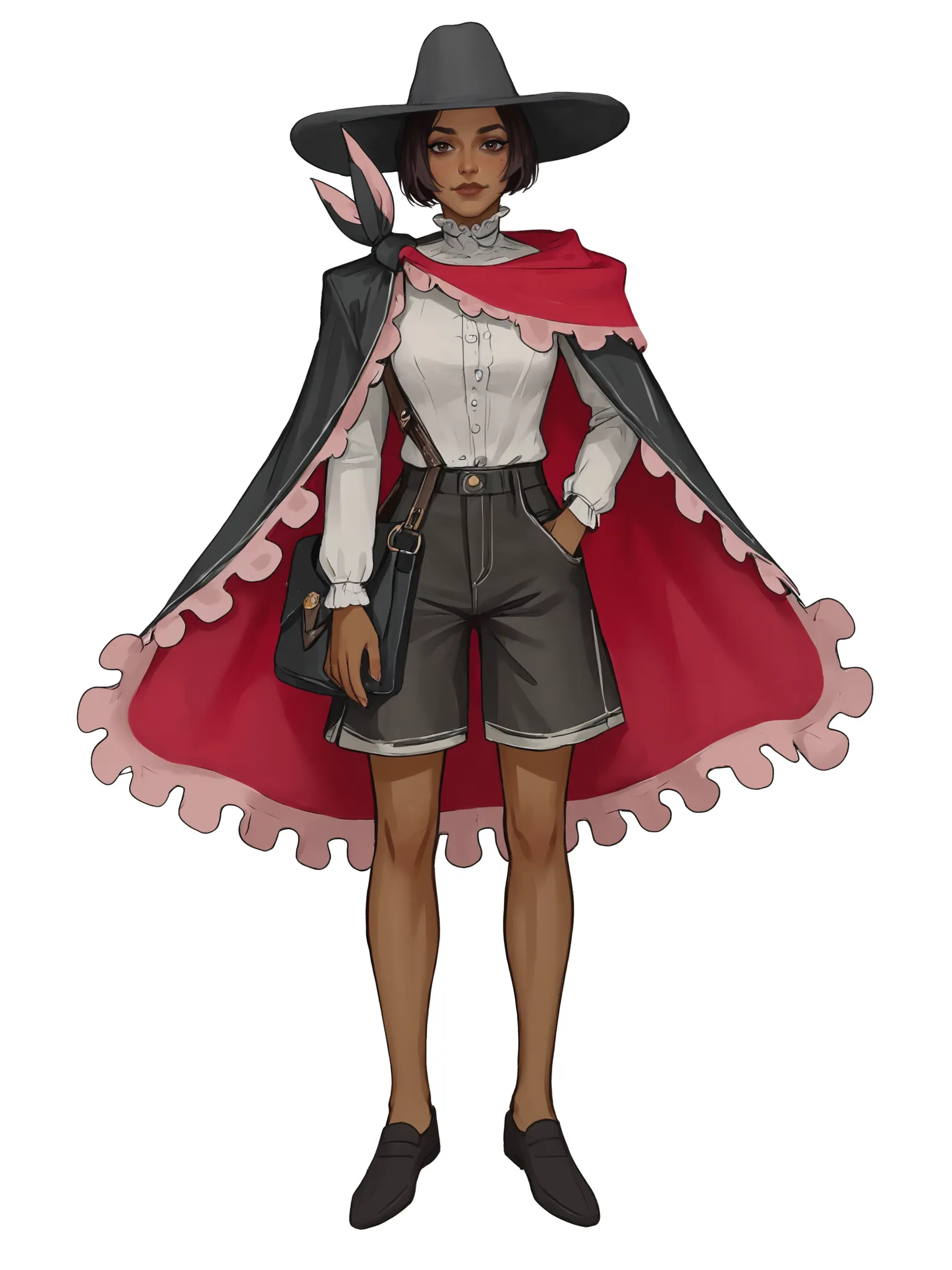 1girl, shirt, shorts, standing, looking at viewer, (score 9 up, score 8 up, highest score, highest quality), extreme detail, western art,
black headwear, dark skin, looking at viewer, short hair, black footwear, cape, shoes,dark-skinned female, brown hair
 <lora:[mossacannibalis] Experimental 1 image 40 Repeat 10 Epochs Lora Style Specific Image 162 Experiment PonyXL:.9>