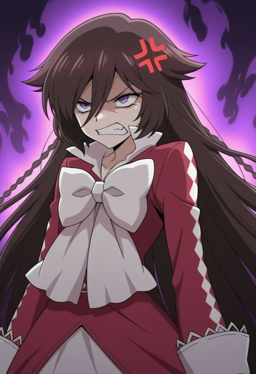 masterpiece,best quality,amazing quality, source_anime, 
PHalic, 1girl, solo, purple eyes, brown hair, very long hair, braid, dress, red dress, bow, white bow, angry, anger vein, evil aura, parody,