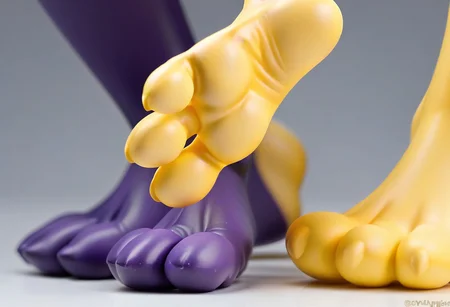 tox_amped, barefoot, purple feet, yellow soles, 3 toes, standing, foot focus, close-up