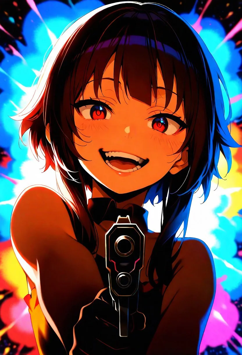 score_9, score_8_up, score_7_up, score_6_up, 1girl, Megumin, bare shoulders, teeth, lips, thin lips, narrow mouth, solo, looking at viewer, open mouth, holding pistol, upper body, from below, back lighting, dark, multicolored background, blurred background, colorful, explosion of colors, masterpiece, best quality, colorful, bright, pleasing to the eye, grin, greed on his face, his tongue sticking out, a little steam from the mouth, 3 falling bullets from the top of the screen, slightly blurred background, gun near the head, smoke from the barrel of a gun, bright, multicolored, bright colors of paint