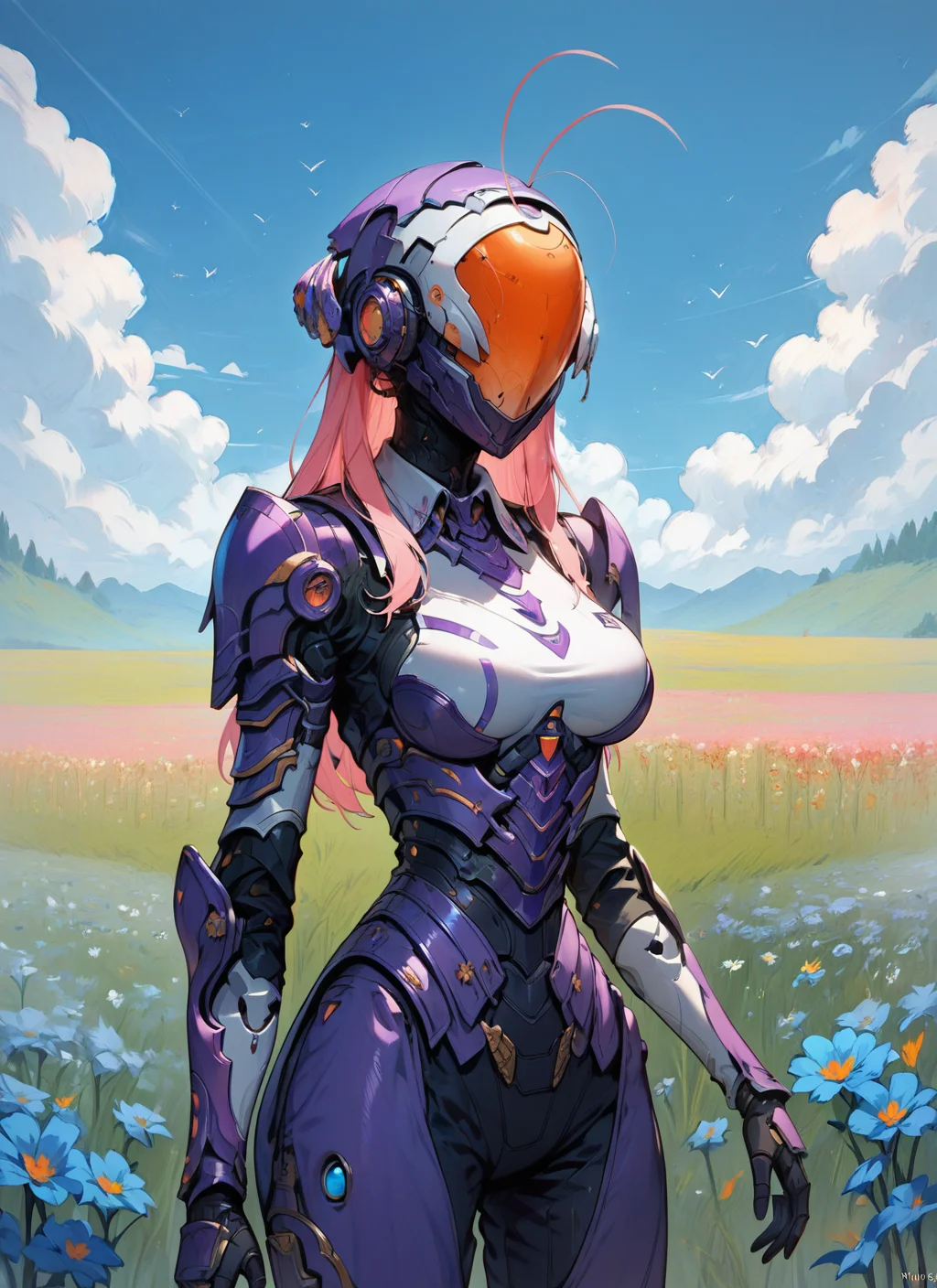 score_9, score_8_up, score_7_up, highly detailed, girl, large breasts, violet armor, helmet, pink hair, standing, insect antenna, mcnm, flower fields, sky, rating_questionable, BREAK best quality, masterpiece, e621, digital_art <lora:Mechanism-pdxl-1:1.0>