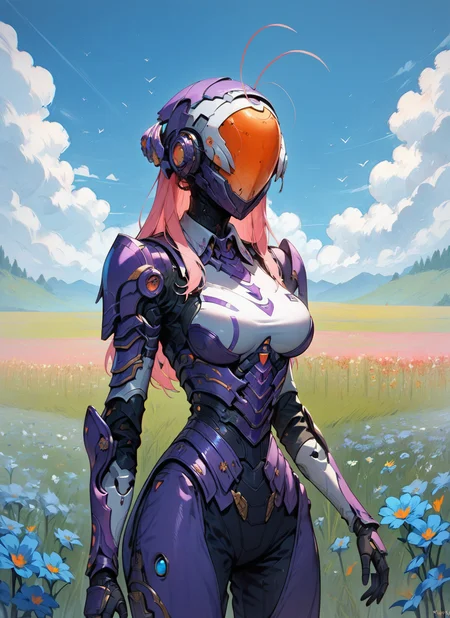 score_9, score_8_up, score_7_up, highly detailed, girl, large breasts, violet armor, helmet, pink hair, standing, insect antenna, mcnm, flower fields, sky, rating_questionable, BREAK best quality, masterpiece, e621, digital_art <lora:Mechanism-pdxl-1:1.0>