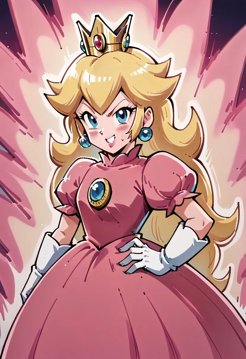 score_9, score_8_up, score_7_up, source_anime, close up, upper body,
Kipowerup,glowing energy field, sharp jagged energy waves,energy radiating from skin, pink aura, Big KI,arms bent at elbows, fists clenched tightly,
<lora:super-princess-peach-ingame-ponyxl-lora-nochekaiser:1>, princess peach, blonde hair, blue eyes, long hair,, crown, dress, gem, gloves, pink dress, puffy short sleeves, puffy sleeves, short sleeves, white gloves,, Green hill, smug, hands on own hip,, looking at viewer, solo,, dutch angle, cowboy shot