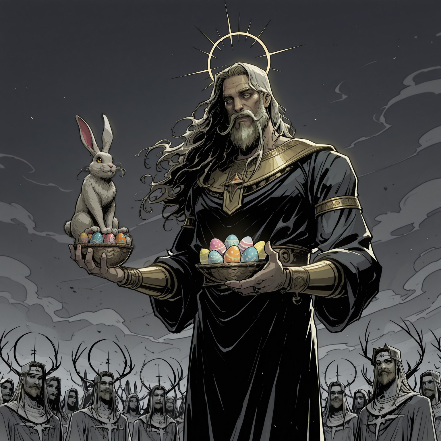 ((medium long shot)), HadesCharacterArtstyle-IL-V1.0, Sinozick_illu, gradient, spot color, devilhs,
/, (((((1boy, Jesus, bearded, mustache))))) holding a rabbit and some easter eggs,
/, ambiant light,