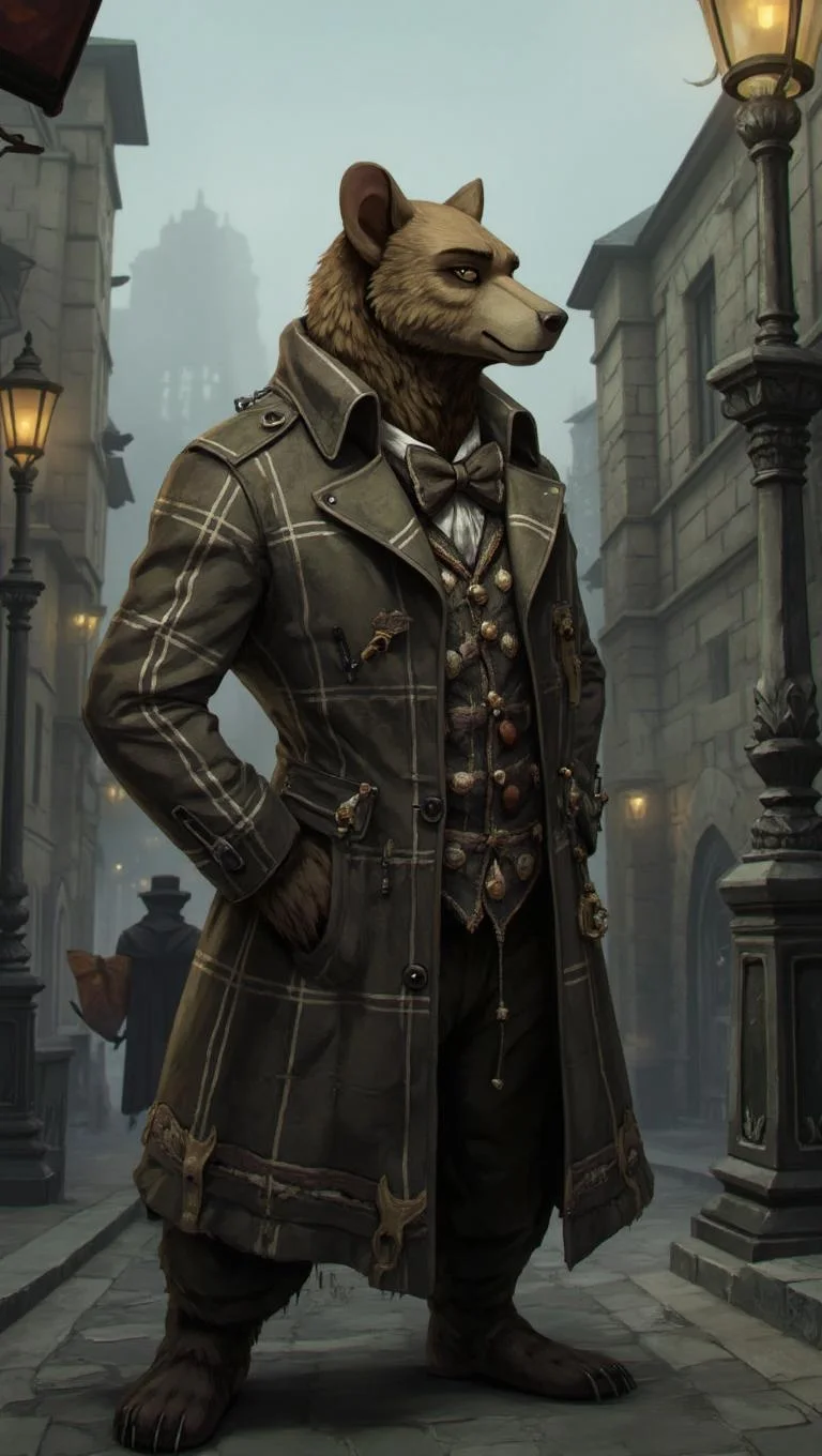 <lora:ck-LttleGhost-000011.safetensors:1> in the style of ck-lttlegh0stA steampunk-inspired anthropomorphic bear stands on a misty street, dressed in a plaid trench coat with intricate details and a bow tie adorned with small objects. Its fur is rendered with realistic texture and shading, while its face holds deep wisdom. The surrounding environment features crumbling stone buildings, ornate lamp posts, and fog-shrouded streets.