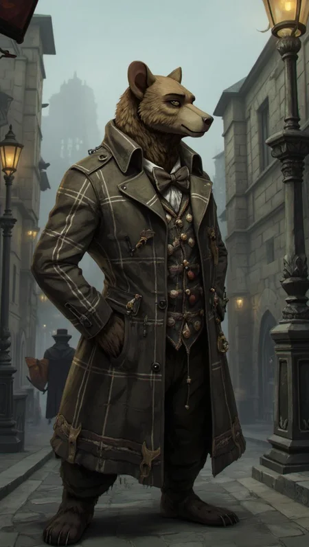 <lora:ck-LttleGhost-000011.safetensors:1> in the style of ck-lttlegh0stA steampunk-inspired anthropomorphic bear stands on a misty street, dressed in a plaid trench coat with intricate details and a bow tie adorned with small objects. Its fur is rendered with realistic texture and shading, while its face holds deep wisdom. The surrounding environment features crumbling stone buildings, ornate lamp posts, and fog-shrouded streets.