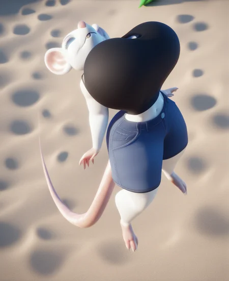 score_9, score_8_up, score_7_up, score_6_up, score_5_up, score_4_up, mouse, anthro, female, rodent, sand dune, black camisole, blue shorts, inflating, floating, breast expansion, heliumtits, arched back, high-angle view,  <lora:InflationXL_063-NoReg-epoch-08:1>