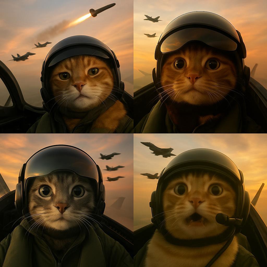 Four cats wearing modern fighter pilot helmets inside jet cockpits, flying through a dramatic sunset sky, military jets in formation in the background, one missile launching, intense and humorous expressions on the cats' faces, cinematic lighting, hyper-realistic style, detailed cockpit reflections, cute but serious mood, surreal action scene, photorealistic, 4k, ultra detail