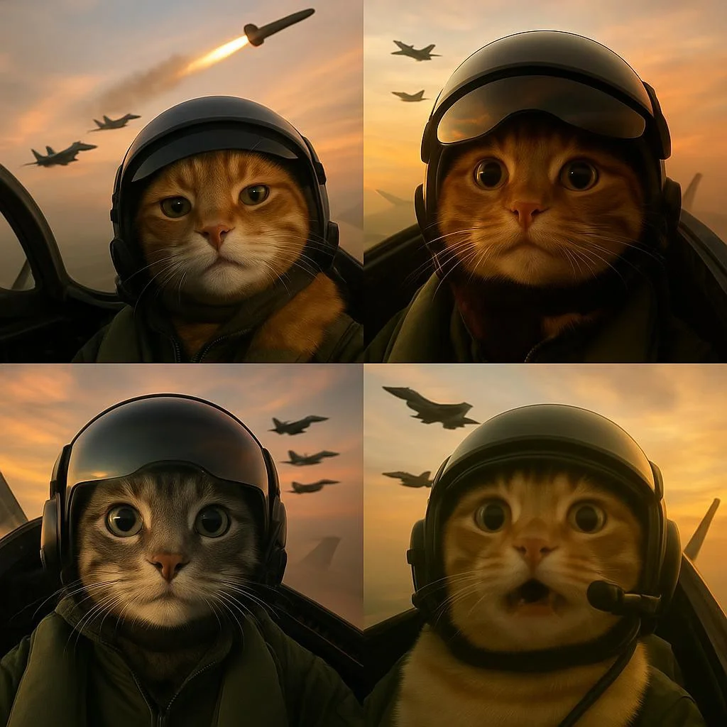 Four cats wearing modern fighter pilot helmets inside jet cockpits, flying through a dramatic sunset sky, military jets in formation in the background, one missile launching, intense and humorous expressions on the cats' faces, cinematic lighting, hyper-realistic style, detailed cockpit reflections, cute but serious mood, surreal action scene, photorealistic, 4k, ultra detail