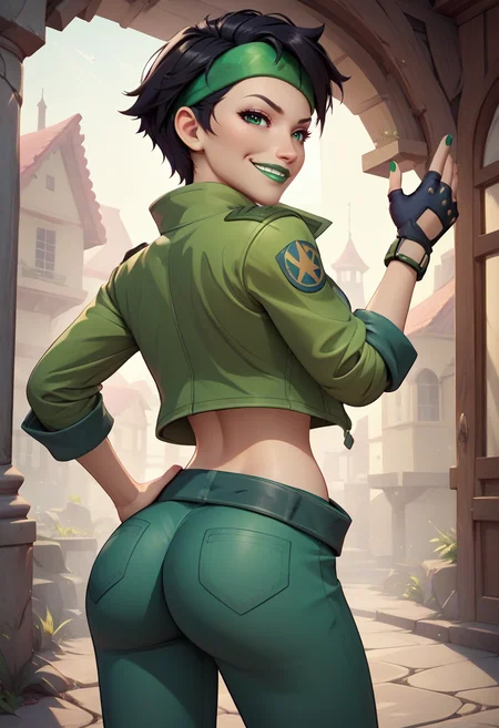 j4d3, 1girl, green lipstick, green headband, black hair, green eyes, short hair, jacket, midriff, looking at viewer,smirk, standing, single fingerless glove, back view, twisted torso, ass focus, hand on own hip,<lora:jade-08:0.7>