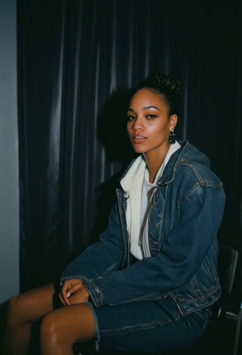 (gritty analog photo:1.2), candid (snapshot:1.2) of a sophisticated and cool 22-year-old biracial female hip-hop artist from Brooklyn sitting in a backstage room getting ready for her show, natural skin texture, realistic skin texture, (skin pores:0.8), (skin oils:0.8), (behind the scenes photography:1.2), documentary style photography, high contrast, deep shadows, hires, highly detailed, (film grain:1.2), the picture conveys effortless coolness, polaroid film photography, Perfect Hands