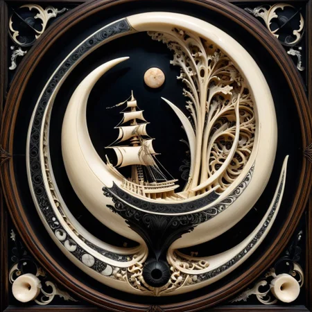 lazypos, made out of, ebony, ivory, scrimshaw, bone carving, black and white contrast, bone and wood textures, elegant and surreal design, ultra-luxury aesthetic, hyper-realistic reflections, aerodynamic shape, dramatic studio lighting, futuristic yet classical fusion, sdxl style, highly reflective surfaces