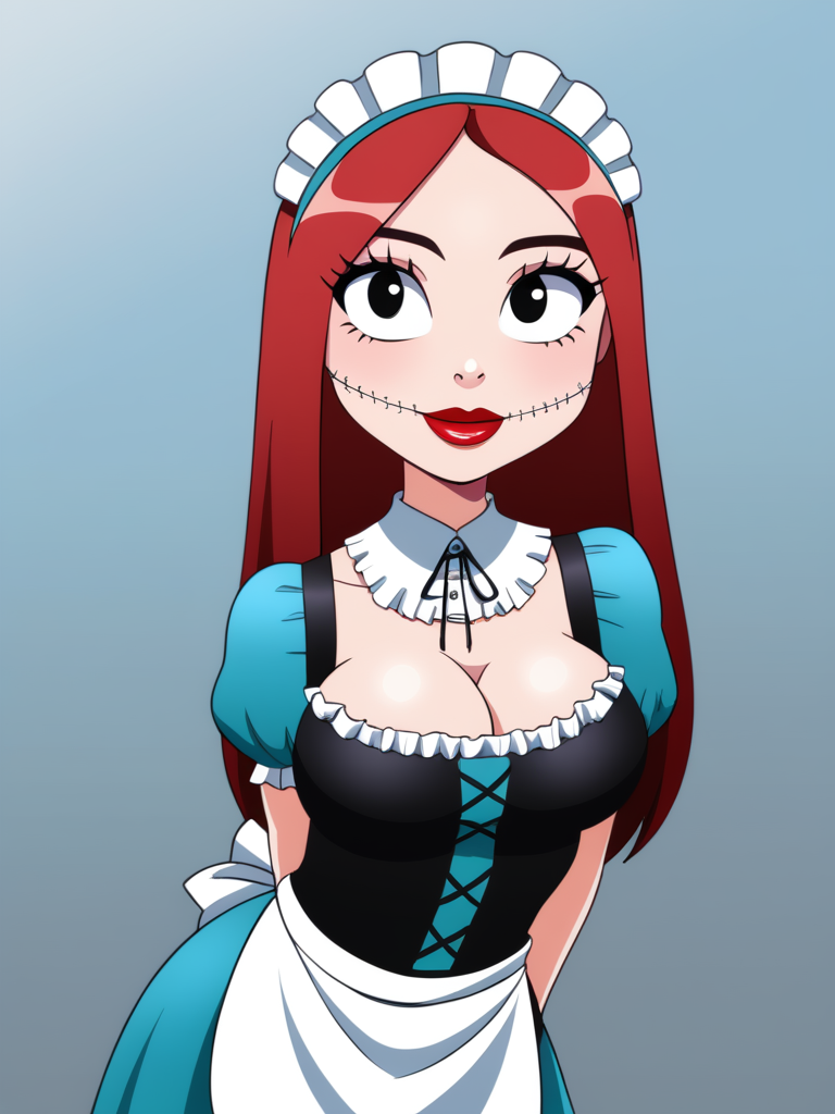 score_9, masterpiece, perfect face, perfect hands, high quality, source_cartoon, (1girl, solo,) <lora:Sally:0.7> sallyxl, Sally, stitches, red hair, stitched mouth, red lips, black eyes, large eyes, big head, with a skinny neck, small pupils, stitched clothes, (turquoise) maid uniform, skirt, apron, maid headware, large breasts, cleavage,