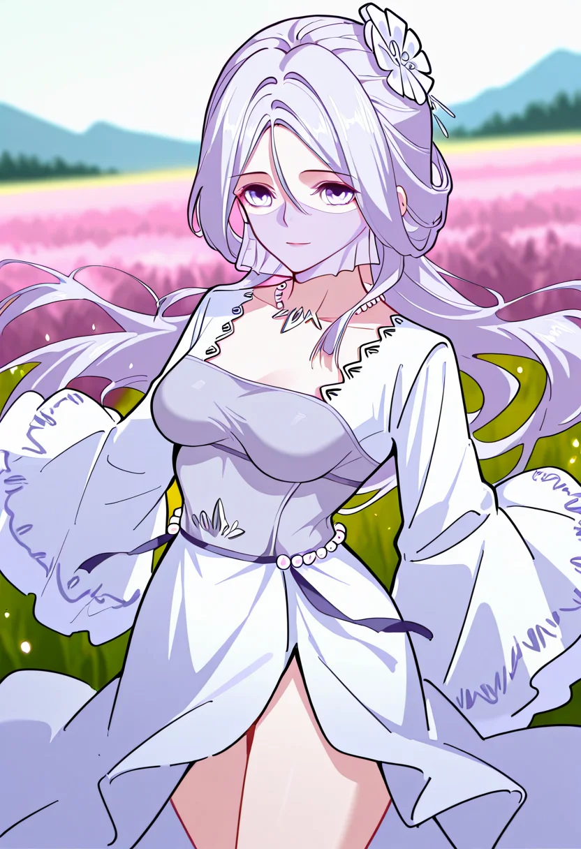 <lora:Chu_Qingcheng_IL:1>,Chu_Qingcheng_IL,1girl,long purple hair,wavy hair,Soft wavy strands,hair ornament,parted bangs,purple eyes,hair between eyes,necklace,medium breasts,face veil,soft light purple veil,elegant outfit,white dress,layered dress,pearl accents,high slit dress,wide sleeves,flowy fabric,ornamental belt,waist gems,floral chest design,
score_9,score_8_up,score_7_up,very aesthetic,source_anime,detailed,high quality,beautiful,masterpiece,detailed eyes,field,blurry background,pose dynamic angle,upper body,cowboy shot,light smile,floating