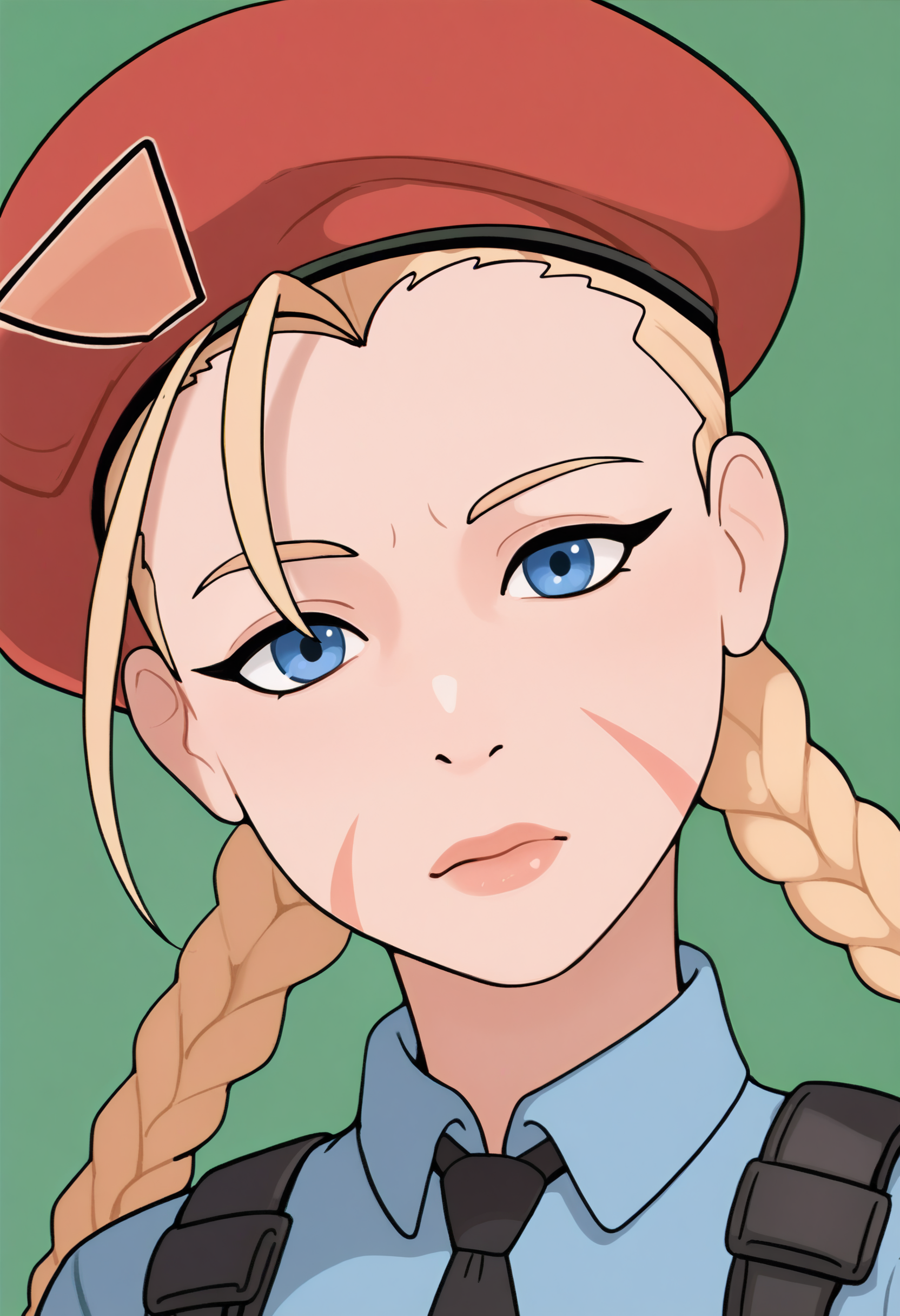 score_9, score_7_up, <lora:TheGoonerTenant-guy-PONY-DORAv1:1>, 1girl, solo, (cammy white):0.7, collared shirt, green background