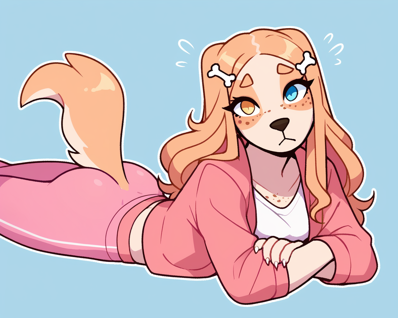 score_9_up, score_8_up, score_7_up, score_6_up, by remanedur, medium breasts, long hair, dog, heterochromia, pink yoga pants,  t-shirt, jacket, bone hair ornament, freckles, on front, butt, female, looking at viewer, tail, solo, three-quarter view, head tilt, simple background, white outline,<lora:Leah_Pines(AIM)_XL_v1:0.15> <lora:PDXL_artist_tags_v2_big:0.5> <lora:The-Minuscule-Task_PDXL_v1.0:0.6>  <lora:Clover_FoxyPew:0.5>