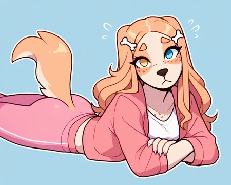 score_9_up, score_8_up, score_7_up, score_6_up, by remanedur, medium breasts, long hair, dog, heterochromia, pink yoga pants, t-shirt, jacket, bone hair ornament, freckles, on front, butt, female, looking at viewer, tail, solo, three-quarter view, head tilt, simple background, white outline,<lora:Leah_Pines(AIM)_XL_v1:0.15> <lora:PDXL_artist_tags_v2_big:0.5> <lora:The-Minuscule-Task_PDXL_v1.0:0.6> <lora:Clover_FoxyPew:0.5>