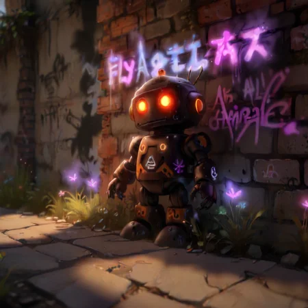 Black, Ultra High Definition, A robot painted as graffiti on a brick wall. The words "Fly an airplane" are written on the wall. A sidewalk is in front of the wall, and grass is growing out of cracks in the concrete. reflective surfaces, subsurface scattering, cinematic color grading, outlines, bloom effect, soft lighting, CG particles effect, 4K resolution, <lora:neg4all_bdsqlsz_xl_V9:0.7> <lora:add-detail-xl:0.7> [[<lora:MagicAI:0.5>, DruidMagicAI, druidic