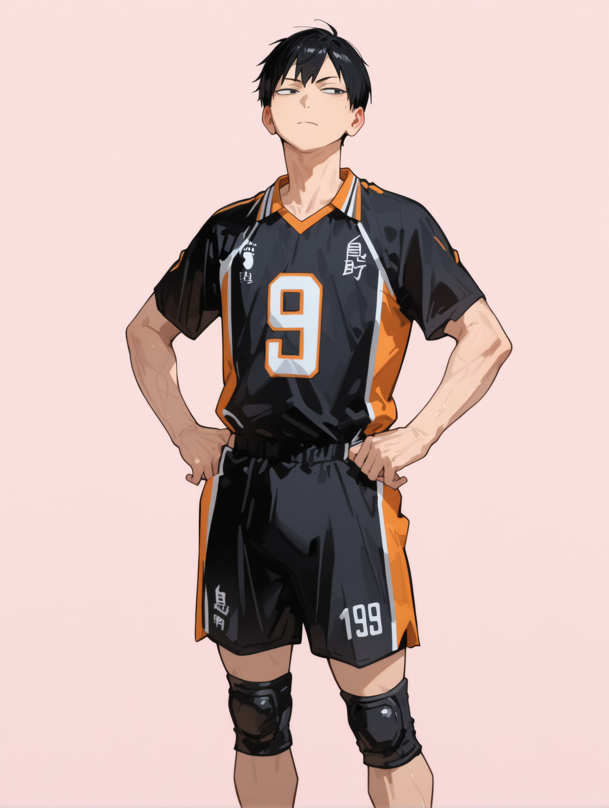 perfect quality,high quality,masterpiece,best quality,amazing quality,very aesthetic,absurdres,newest,
front view,full_shot,Sarcastic smile,
KageyamaTobioCYQL,<lora:KageyamaTobioCYQL:1>,1boy,male focus,solo,black hair,black eyes,volleyball uniform,sportswear,short sleeves,knee pads,shirt,shorts,black shorts,sneakers,shoes,
full body,standing,hands_on_hips,,
lightpink background,simple background,
748cmstyle,EtherStyle,<lora:96YOTTEA-WAI:0.3>,<lora:EtherSDXL:0.4>,<lora:illustrious_all_rated_v1:0.5>,<lora:spo_sdxl_10ep_4k-data_lora_webui:0.6>,<lora:ponyv5_noobV065S_1_adamW:0.7>,<lora:748cmSDXL:0.8>,