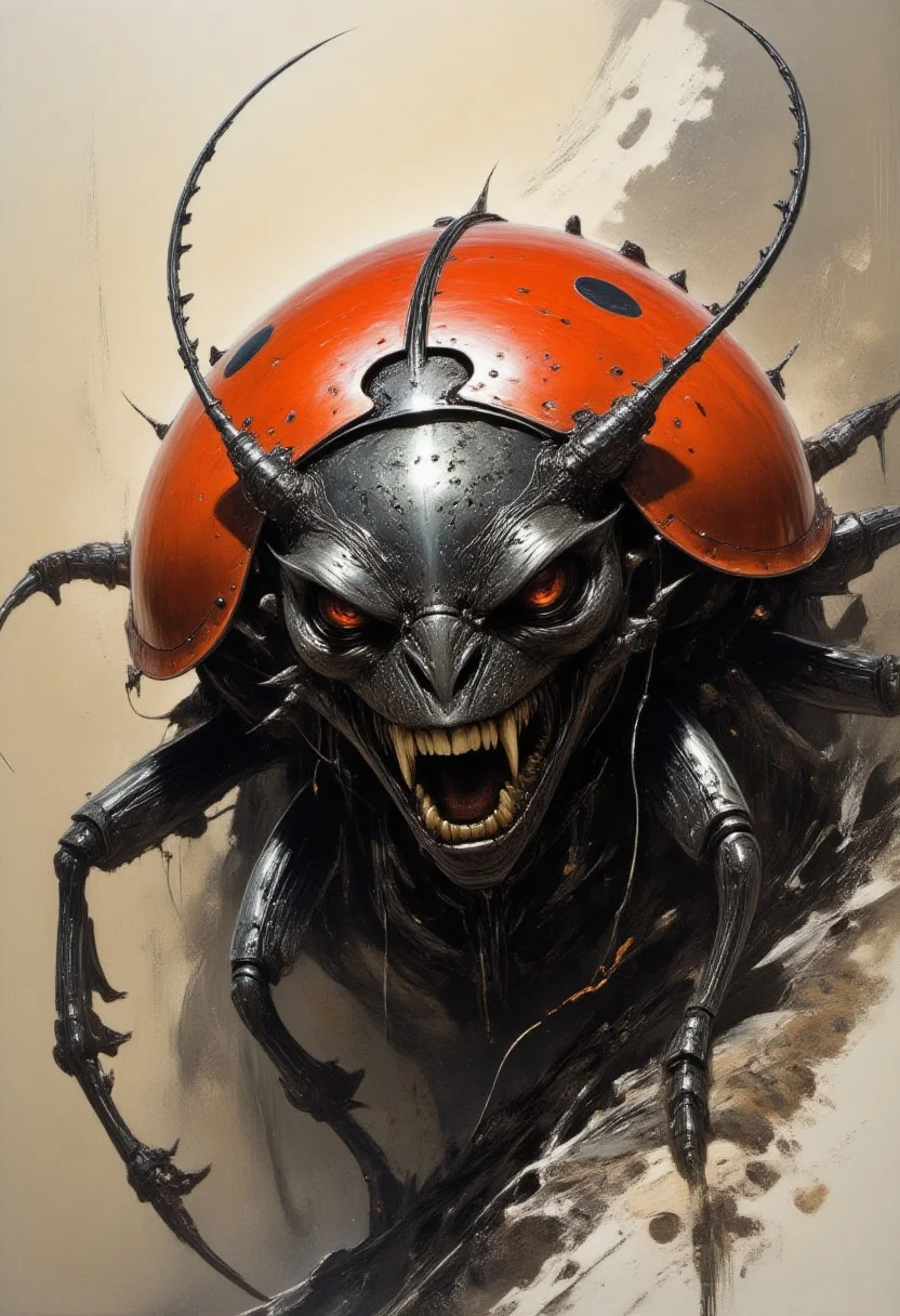 DxDRG, masterpiece, masterpiece, best quality, Detailed oil painting, dark fantasy style, stylized illustration of a monstrous ladybug with oversized features and menacing expression, dark muted tones, rich textures, expressive brushwork, chilling and eerie mood, vibrant red shell contrasting with a minimal neutral background, shadowy elements enhancing atmosphere, surreal quality, focus on fear and unease, vibrant, masterpiece, 32k, ultra HD, ultra-detailed, amazing quality, amazing artist, sharp edges, detailed textures, full view, atmospheric lighting, amazing visuals