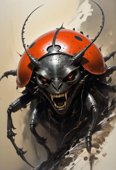 DxDRG, masterpiece, masterpiece, best quality, Detailed oil painting, dark fantasy style, stylized illustration of a monstrous ladybug with oversized features and menacing expression, dark muted tones, rich textures, expressive brushwork, chilling and eerie mood, vibrant red shell contrasting with a minimal neutral background, shadowy elements enhancing atmosphere, surreal quality, focus on fear and unease, vibrant, masterpiece, 32k, ultra HD, ultra-detailed, amazing quality, amazing artist, sharp edges, detailed textures, full view, atmospheric lighting, amazing visuals