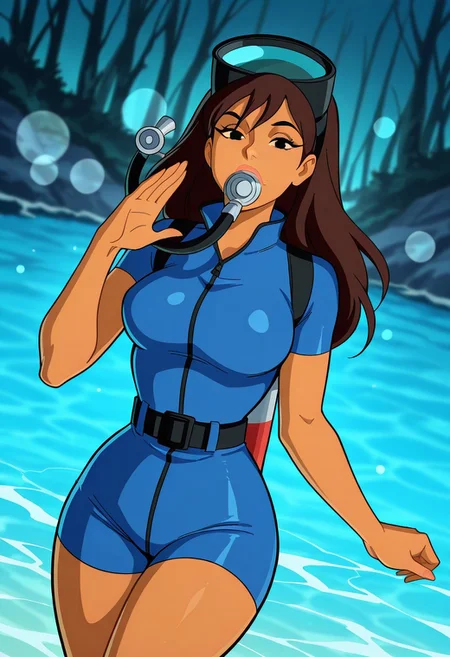JessicaSDCS, 1girl, solo, athletic body, tan skin, long hair, brown hair, bangs, black eyes, full lips, large breast, thick thighs, large butt, blue short wetsuit, diving mask, breathing tube, oxygen tank on back,  diving fins, belt,
,seductive pose, sexy pose, tease, 
masterpiece, best quality, fine details, intricate details, depth of field, subsurface scattering, bokeh,
 ultra-detailed, very aesthetic, detailed background, newest, scenery, highres, absurdres, colorful, vibrant, glowing, perfect face, 2d, perfect eyes,  vibrant saturated colors, volumetric lighting, sharp, detailed eyes, perfect anatomy,  perfect face, perfect eyes, mature body, clear eyes, beautiful eyes, athletic, curvy body, athletic girl, perky tits, perfect tits, round breasts, pinup pose, teasing, lustful expression, perfect hands, 
muscular female, dutch angle, 
,Smooth Negative, Smooth_Quality,