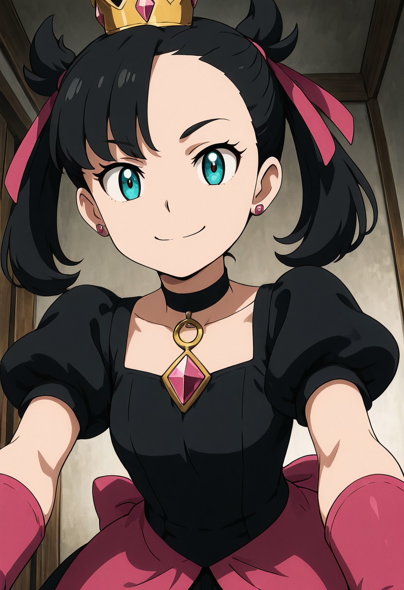masterpiece, best quality, solo, curvy, beautiful eyes, girl, solo, smile, looking at viewer, dynamic pose, from below, (fisheye), foreshortening, close up,  (leaning forward, eye focus, anime screenshot, 
(upper body), white background,
zzShadowMarnieCitron, aqua eyes, black hair, hair ribbon, medium hair, asymmetrical bangs, twintails, mini crown,   black dress, puffy short sleeves, black choker, gem, pink ribbon, pink gloves, bow,