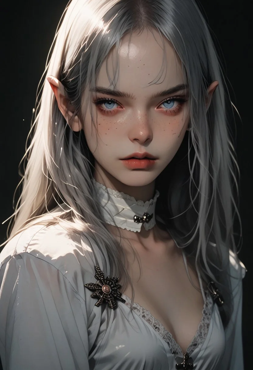 score_9, score_8_up, score_7_up, flat color, g4n1m3, comicbookpage style, high contrast,
1girl, indoor, long hair, beautiful face, spanish, blue eyes, freckles, small breasts, braless, perfect legs, ((full body view)), elf with long ears, silver armor, behind the girl's back there is a bow and arrows