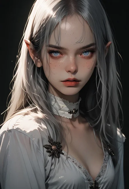 score_9, score_8_up, score_7_up, flat color, g4n1m3, comicbookpage style, high contrast,
1girl, indoor, long hair, beautiful face, spanish, blue eyes, freckles, small breasts, braless, perfect legs, ((full body view)), elf with long ears, silver armor, behind the girl's back there is a bow and arrows