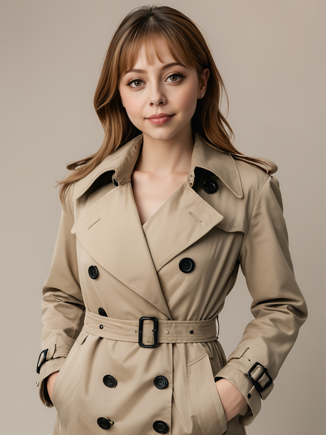 30yo felicitysynthxl, upper body, standing, neutral background, sultry, large breasts, modest,
wearing a trench coat,