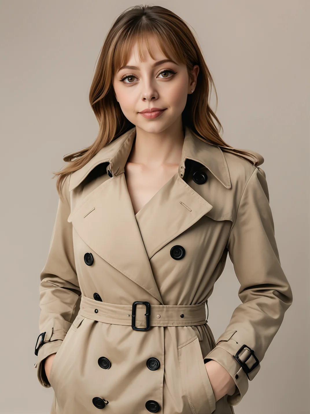 30yo felicitysynthxl, upper body, standing, neutral background, sultry, large breasts, modest,
wearing a trench coat,