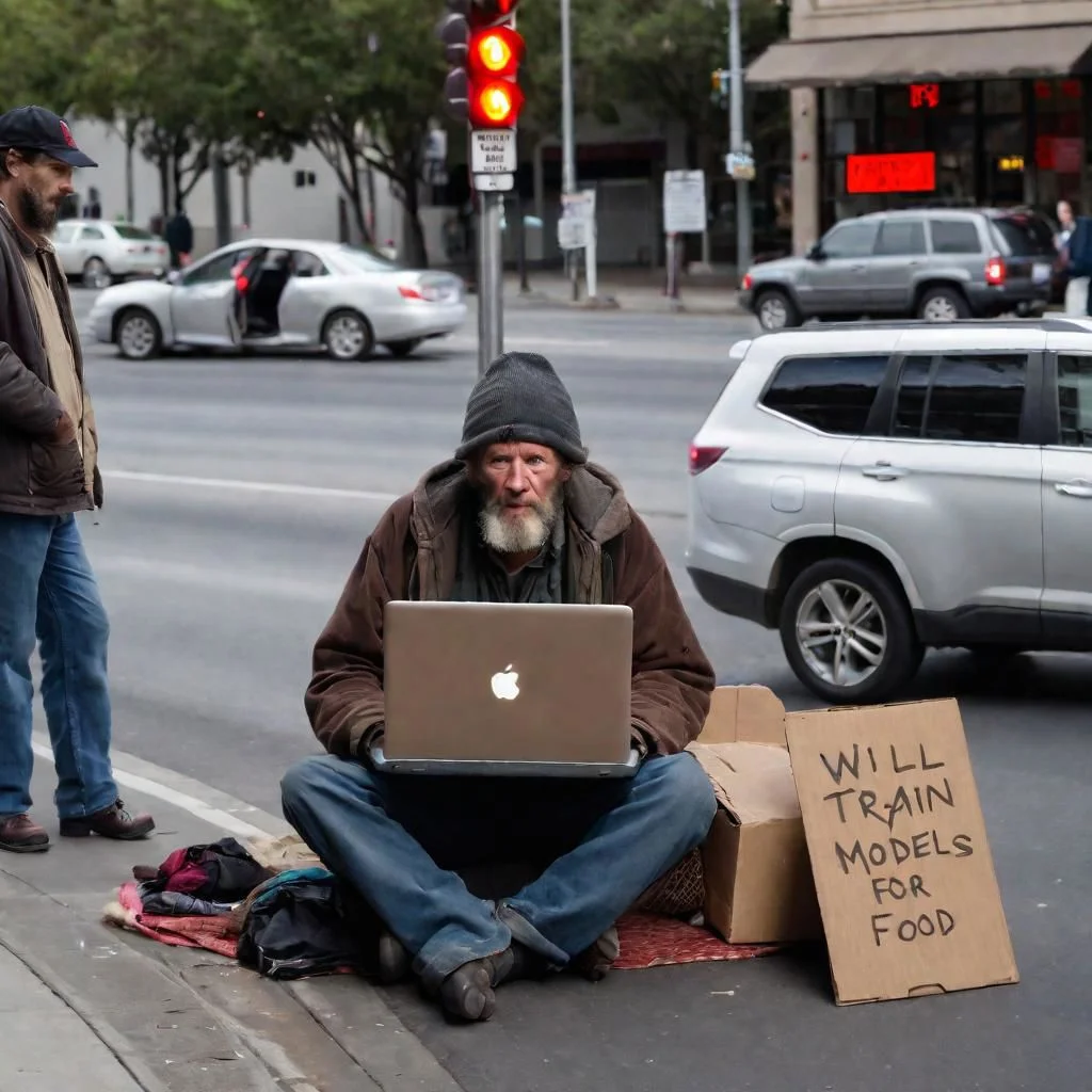 Homeless man with laptop begging at a red light with a cardboard sign that reads "will train models for food"