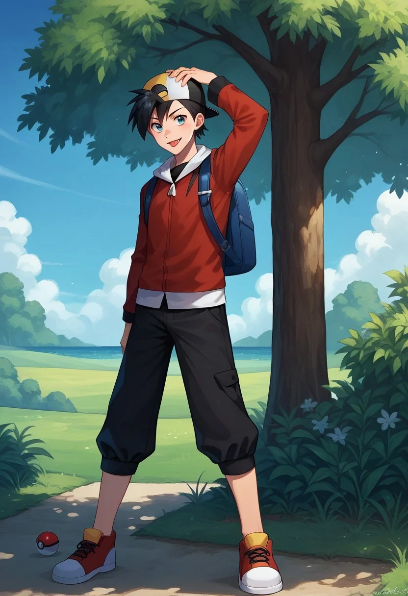 score_9, score_8_up, score_7_up, source_anime, highly detailed,
pokegold, male focus, 1boy, hat, solo, jacket, backwards hat, holding, poke ball, holding poke ball, red jacket, poke ball (basic), shoes, smile, bag, black hair, baseball cap, short hair, shorts, tongue, pants, long sleeves, standing,
capri pants, full body, hand on headwear, backpack, looking at viewer,
outdoor, tree, sky,