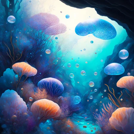 (oceanicrealms style:1) a painting of an underwater scene with bubbles and plants <lora:djzOceanicRealmsV21_LoraBooth:1>d