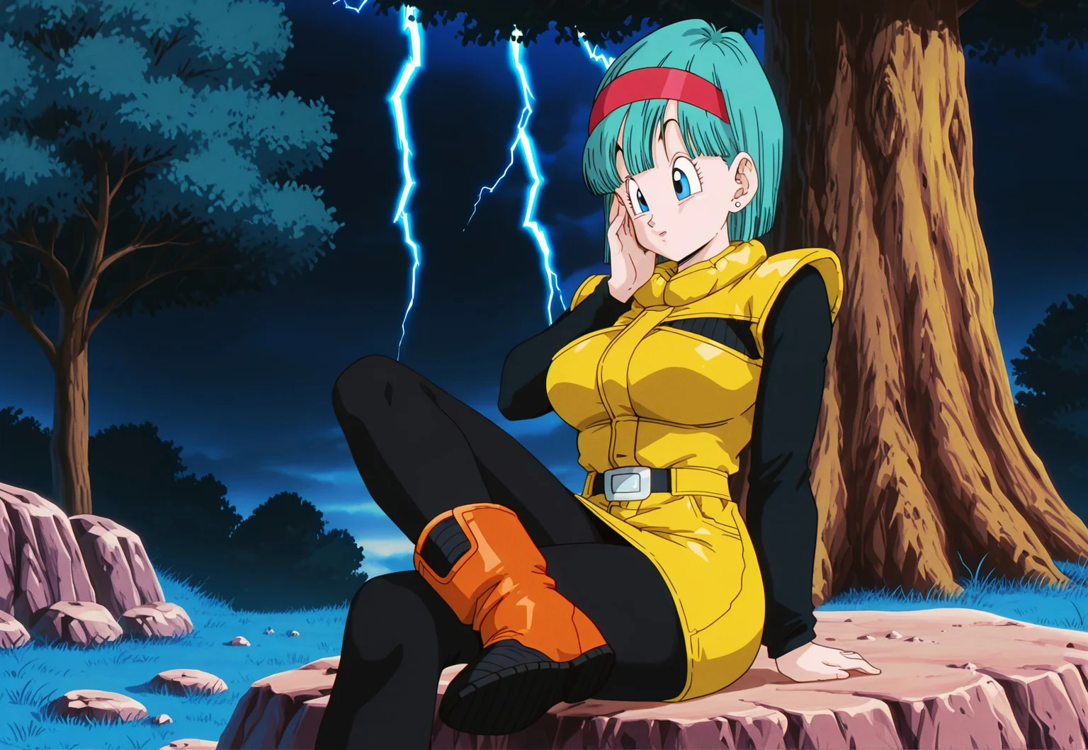 masterpiece, best quality, newest, absurdres, very aesthetic, (1girl, solo, cowboy shot, anime coloring, cinematic lightning,.,bulma, short hair, blue eyes, bangs, stud earrings, aqua hair,  red hairband, eyelashes,  mature female, large breasts, anime screencap,  sitting, bangs, stud earrings, ankle boots, aqua hair, rock, red hairband, black undershirt, black legwear, belt, eyelashes, blue grass, long sleeves, crossed legs, miniskirt, rock, orange footwear, raised eyebrows, shoulder pads, sleeveless jacket, two tone footwear, two tone jacket, shoe soles, yellow jacket, yellow skirt, pantyhose,   ),Sitting on a big tree,grabbing own face
