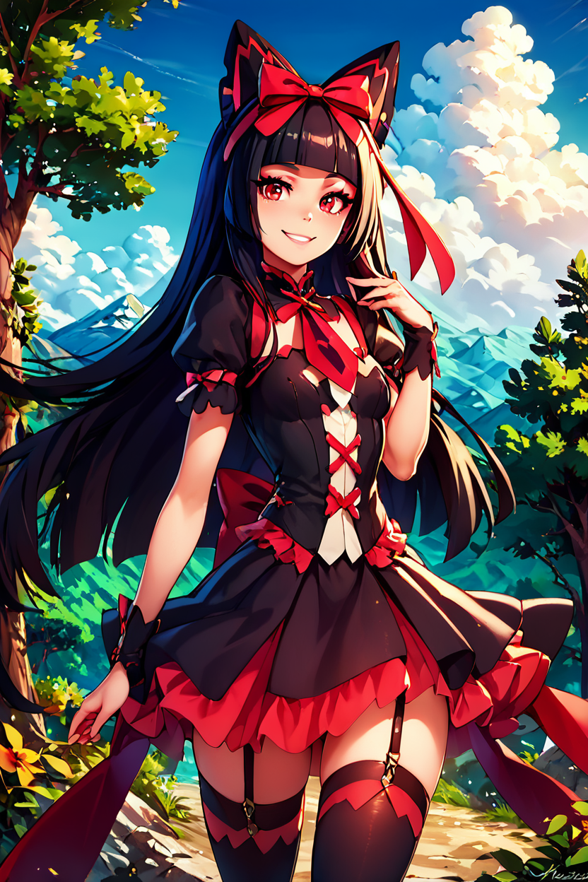 score_9, score_8_up, score_8, medium breasts, (curvy), cute, eyelashes,       BREAK, ,   zzRory, red eyes, long hair, black hair, blunt bangs, hime cut, very long hair,   hair ribbon, black dress, black thighhighs, garter straps, bow,  <lora:Rory_Mercury_PDXL:0.8>,   , BREAK, looking at viewer, smile, outdoors, sky, day, cloud, tree, blue sky, mountain, cowboy shot, ,,, embedding:zPDXL, Expressiveh, ,,, <lora:Alola_Style_PDXL:0.8>, <lora:CatalystStylePDXL:0.8>, <lora:Expressive_H-000001:0.4>,