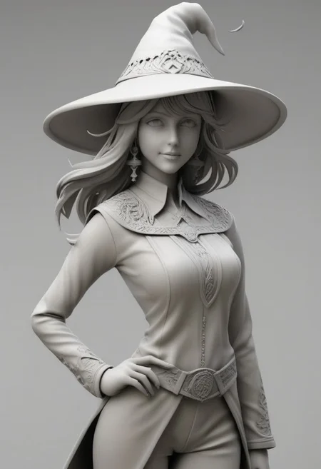 whitemold,3d printed mold,art style,greyscale,monochrome, score_9, score_8_up, score_7_up, score_6_up, PRSNL, 1girl, solo, brown hair, brown eyes, parted bangs, long hair, large breasts, witch hat, black sweater, red apron, black pants, looking at you, smile, indoors, hat over one eye. close-up portrait, chain, belt, rkinsti1, 1girl, indian, woman, female, lady, fully dressed.