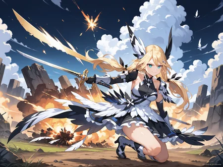 score_max, (score_9, score_8_up, score_7_up:1.2), score_6_up, official art, source_anime,
, masterpiece, absurdres, high detail, 8k,
wasteland, battle field, explosion,
action pose, on one knee, hand on ground, sword over shoulder, long sword, looking up, serious, smug face,
superbia, twintails, hair ornament, dorigin, horns, multicolored dress, halterneck, white dress, black dress, sleeveless, shoulder armor, feathers, black gloves, knee boots, multicolored boots, heels,
<lora:XL_Pony_MGCM-superbia-t1:1>
