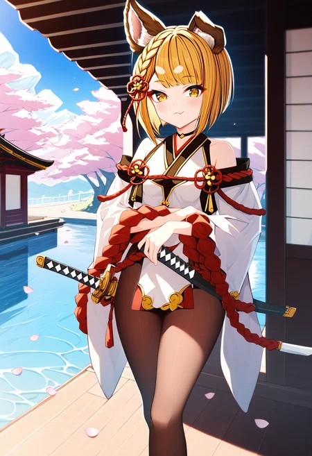 vajra \(granblue fantasy\), granblue fantasy, erune, folded ear, animal ears, blonde hair, pantyhose, dog ears, short hair, 1girl, katana, shimenawa, rope, bare shoulders, looking at viewer, braid, detached sleeves, outdoors, water, east asian architecture, wide sleeves, architecture, blush, fang, petals, hair ornament, yellow eyes, solo focus, animal ear fluff, long sleeves,
absurdres, score_9, score_8_up, score_7_up, score_6_up, best quality, masterpiece, very aesthetic <lora:dog_girl_concepts_v1.2:1>