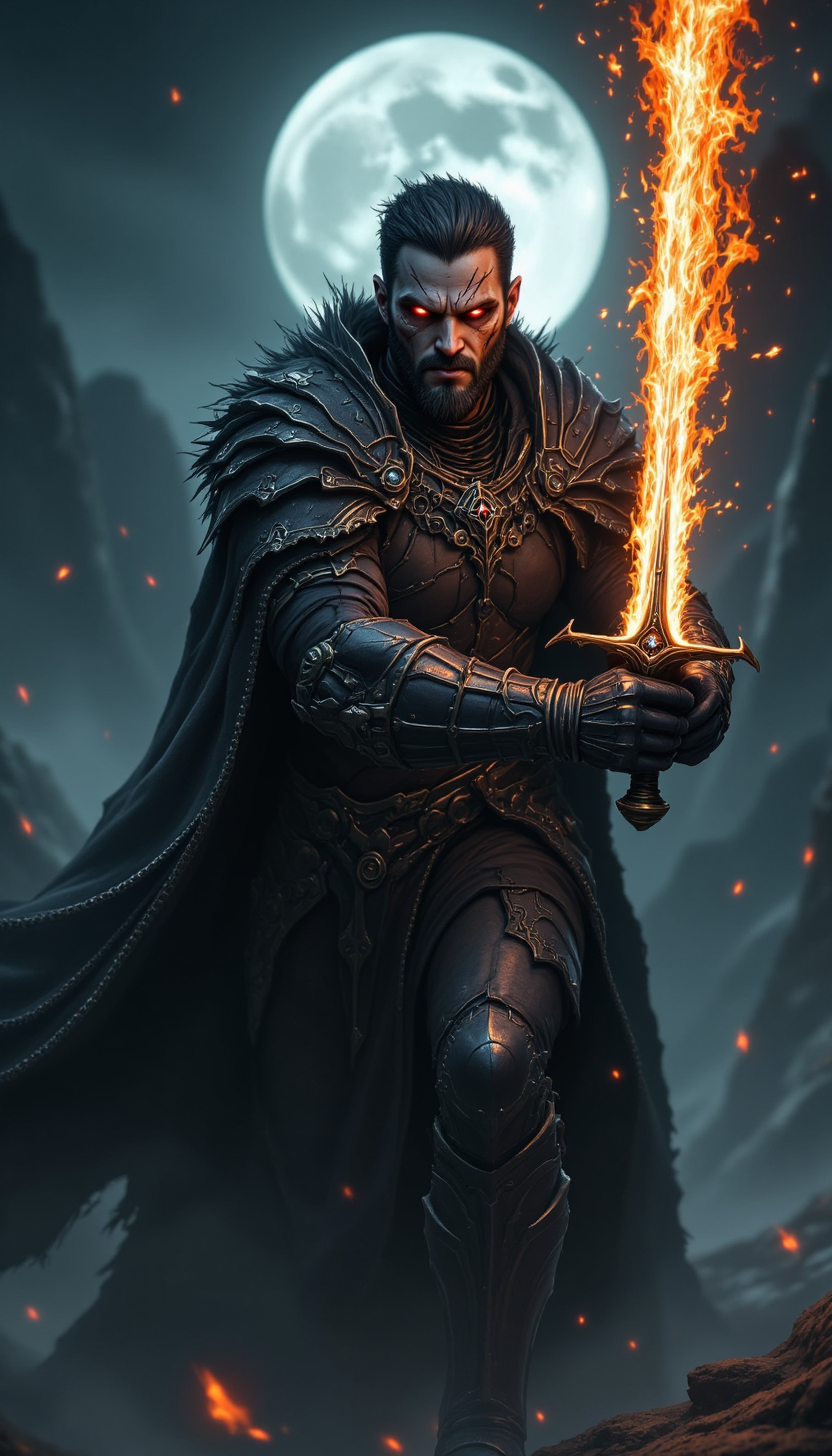 pinkfluxproultrafantasia, 
A stoic man with glowing red eyes and blackened armor, wielding a sword engulfed in shadow flames. His scarred face glows faintly under the eerie light of a full moon.