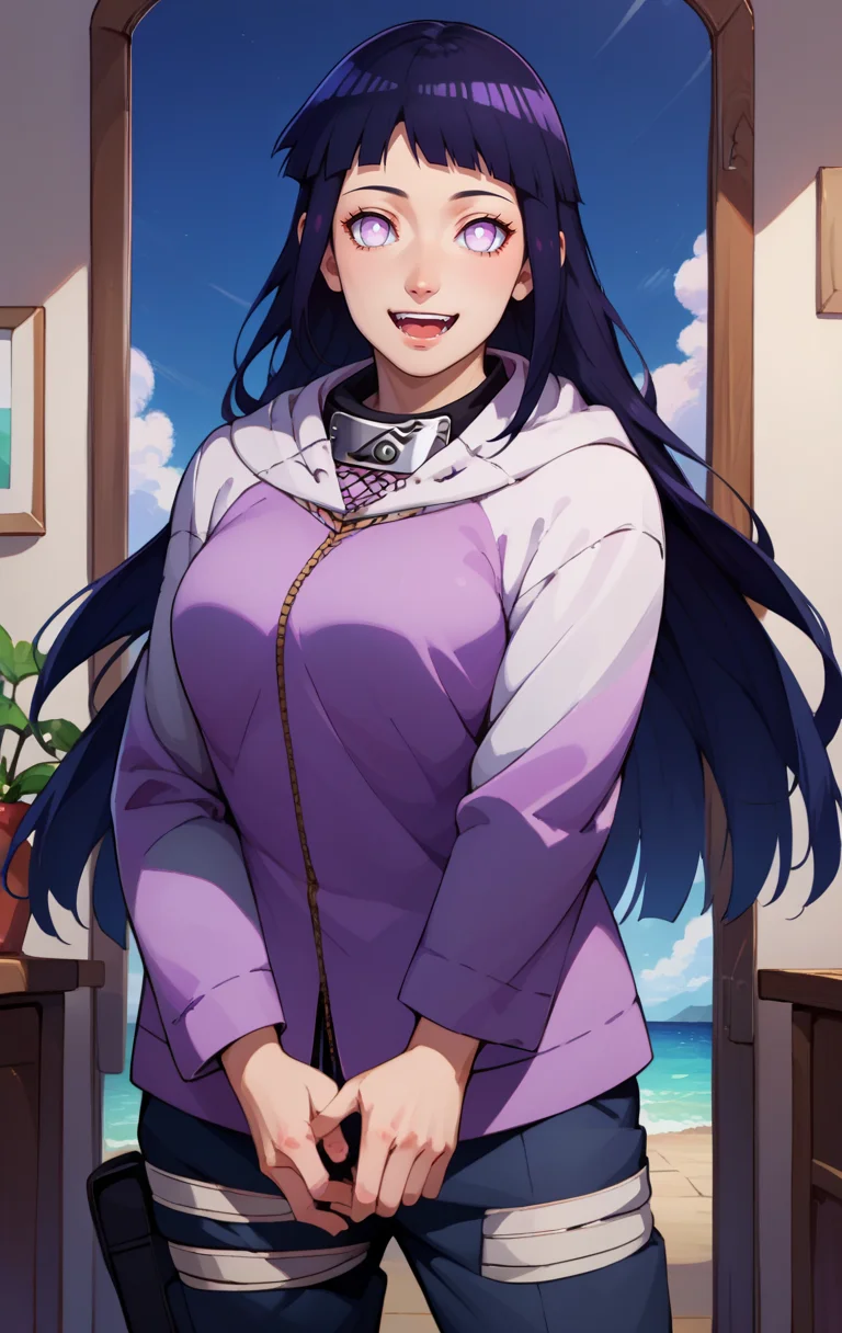 score_9, score_8_up, score_7_up, score_9, BREAK <lora:hinataSDXL:1> hinataSDXL, 1girl, solo, long hair, looking at viewer, smile, open mouth, room background, black hair, purple eyes, :d, pants, hood, hood down, white eyes, forehead protector, konohagakure symbol, hyuuga hinata, cowboy shot,