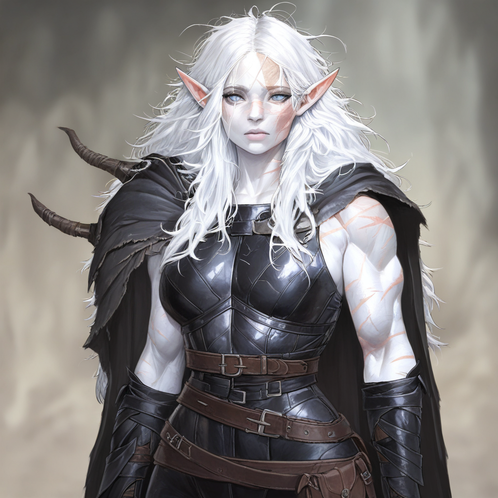 masterpiece, best quality, newest, absurdres, highres, DMIXV1.0, 1girl, pale, white skin, colored skin, pale skin, elf, pointy ears, muscular woman, armor, cape, leather armor, scar, scars on face, white hair, long hair, messy hair, black armor, black leather, blue eyes,