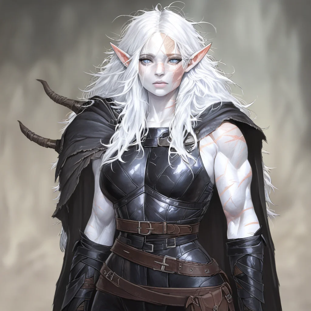 masterpiece, best quality, newest, absurdres, highres, DMIXV1.0, 1girl, pale, white skin, colored skin, pale skin, elf, pointy ears, muscular woman, armor, cape, leather armor, scar, scars on face, white hair, long hair, messy hair, black armor, black leather, blue eyes,