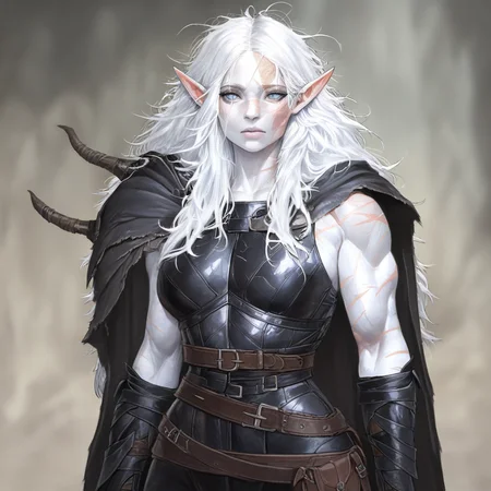 masterpiece, best quality, newest, absurdres, highres, DMIXV1.0, 1girl, pale, white skin, colored skin, pale skin, elf, pointy ears, muscular woman, armor, cape, leather armor, scar, scars on face, white hair, long hair, messy hair, black armor, black leather, blue eyes,