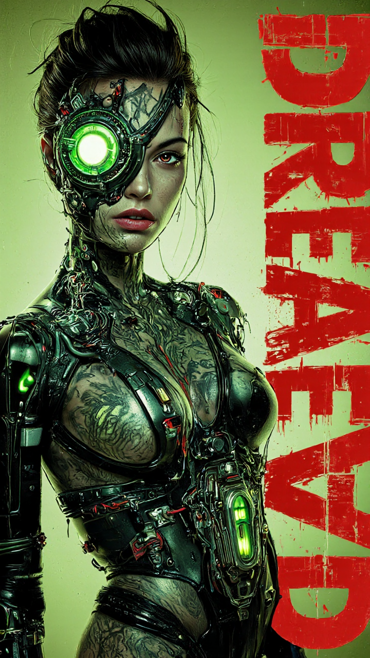 highly detailed, digital illustration in a cyberpunk style. The subject is a woman with a striking, futuristic appearance. She has pale skin, adorned with numerous mechanical and electronic components, including a large, intricate cybernetic eye patch over her right eye, which glows green. Her left eye is visible, with a piercing red hue. Her hair is dark and spiky, with a few strands falling forward, adding to her edgy, cybernetic look.
Her face is covered in tattoos and circuitry, giving her a cybernetic, almost robotic appearance. She wears a high-tech, black and metallic bodysuit, adorned with various mechanical and electronic parts, including a large, circular device on her chest and smaller, glowing green panels on her shoulders and arms. The suit has a sleek, futuristic texture with sharp, metallic edges.The background is a muted, greenish-yellow color, adding to the gritty, industrial atmosphere. To the right, the word "DREAD" is prominently displayed in large, bold red letters, partially obscured by the subject's body. The overall composition is intense and dramatic, capturing the essence of a cyberpunk character in a highly detailed, realistic digital medium.,aidmaimageupgrader, aidmaMJ6.1 <lora:aidmaImageUprader-FLUX-v0.3:0.4> <lora:aidmaMJ6.1-FLUX-v0.5:0.7>