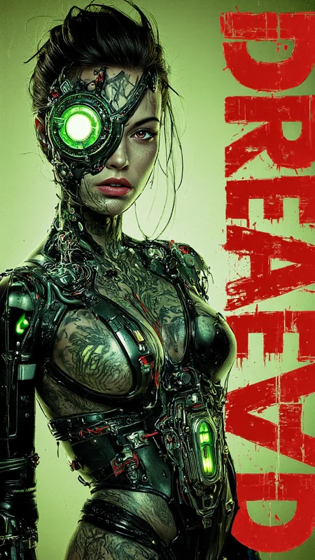 highly detailed, digital illustration in a cyberpunk style. The subject is a woman with a striking, futuristic appearance. She has pale skin, adorned with numerous mechanical and electronic components, including a large, intricate cybernetic eye patch over her right eye, which glows green. Her left eye is visible, with a piercing red hue. Her hair is dark and spiky, with a few strands falling forward, adding to her edgy, cybernetic look.
Her face is covered in tattoos and circuitry, giving her a cybernetic, almost robotic appearance. She wears a high-tech, black and metallic bodysuit, adorned with various mechanical and electronic parts, including a large, circular device on her chest and smaller, glowing green panels on her shoulders and arms. The suit has a sleek, futuristic texture with sharp, metallic edges.The background is a muted, greenish-yellow color, adding to the gritty, industrial atmosphere. To the right, the word "DREAD" is prominently displayed in large, bold red letters, partially obscured by the subject's body. The overall composition is intense and dramatic, capturing the essence of a cyberpunk character in a highly detailed, realistic digital medium.,aidmaimageupgrader, aidmaMJ6.1 <lora:aidmaImageUprader-FLUX-v0.3:0.4> <lora:aidmaMJ6.1-FLUX-v0.5:0.7>