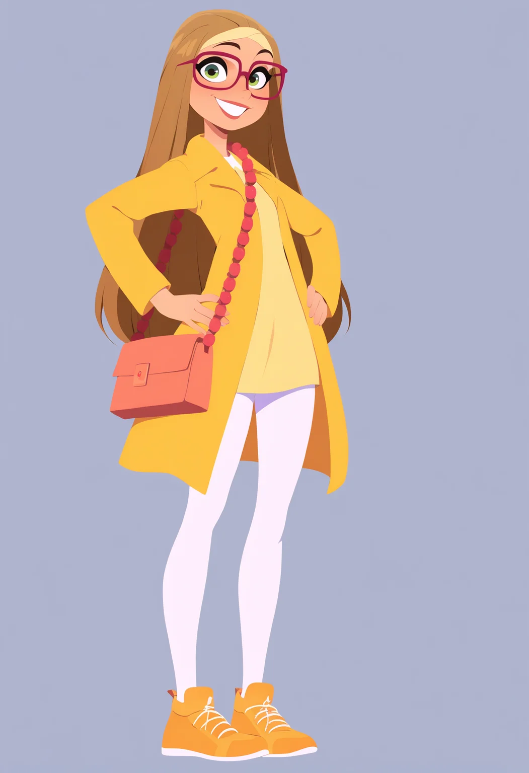 best quality, amazing quality, very aesthetic, absurdres, thick lineart,
1girl, hlcivil, green eyes, brown hair, long hair,
coat, glasses, handbag, white pantyhose, shoes,
full body, hands on hips, standing,
smile, looking at viewer, solo, simple background, white background, <lora:HoneyLemonNoobXL_byKonan:1>