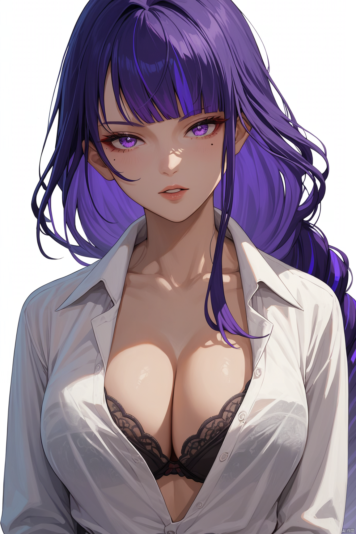 score_9,score_8_up,score_7_up,score_6_up,
raiden shogun, 1girl, alternate costume, black bra, blunt bangs, bra, braid, breasts, cleavage, collarbone, collared shirt, colored inner hair, contemporary, large breasts, long hair, long sleeves, looking at viewer, low ponytail, mole, mole under eye, multicolored hair, parted lips, purple eyes, purple hair, shirt, sidelocks, simple background, single braid, solo, two-tone hair, underwear, upper body, white background, white shirt