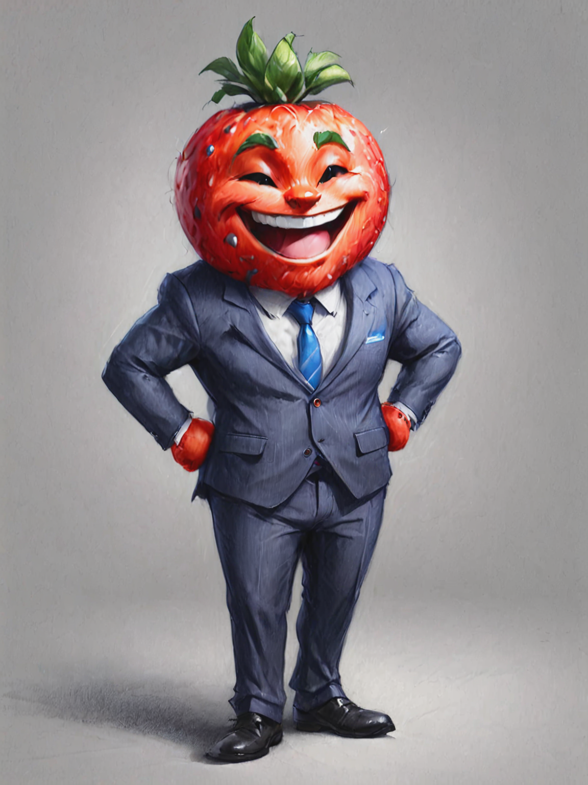 illustration of cartoon character anthropomorphic fruite smiling, (wearing a suite:1.4), dynamic pose, detailed,   <lora:Renaissance_Drawing:1>